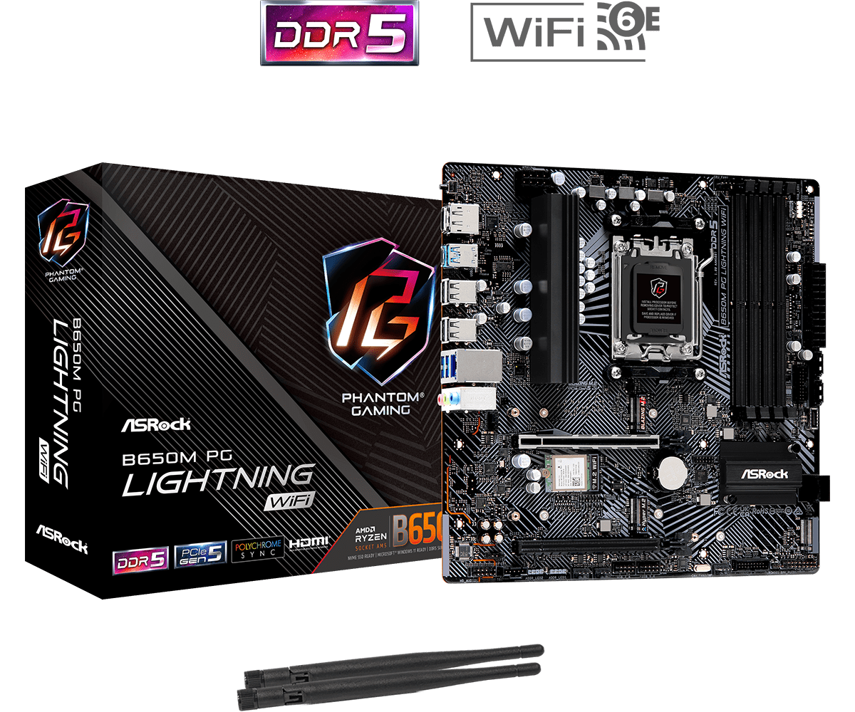 ASROCK B650M PG Lightning Wifi motherboard AM5 Picture with Box and logos for AMD Ryzen 7000 Series and 8000 Series CPUs