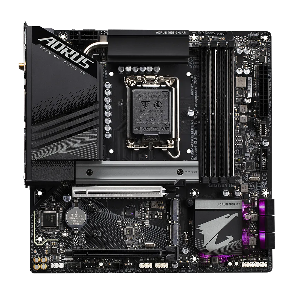 Gigabyte Z790M Aorus Elite AX Motherboard Top view for Intel LGA1700 CPUs 14th and 13th Gen